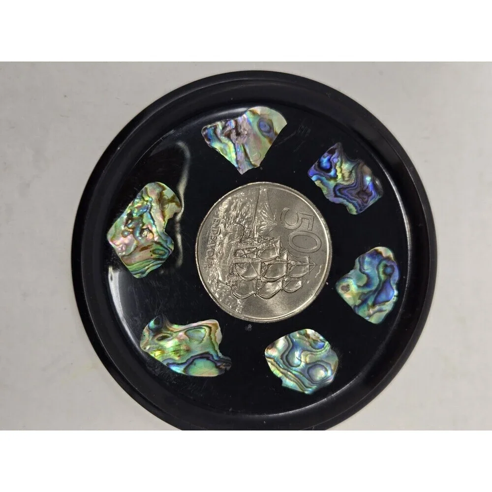 VINTAGE DRINK COASTER SET OF 6 NEW ZEALAND PAUA SHELL & COINS MONEY COLLECTIBLE